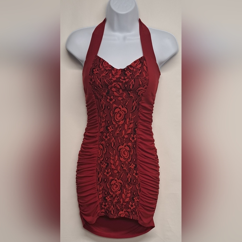 Solar Red Bodycon Stretch Ruched Dress Tie Around Neck Lace Embroidery S